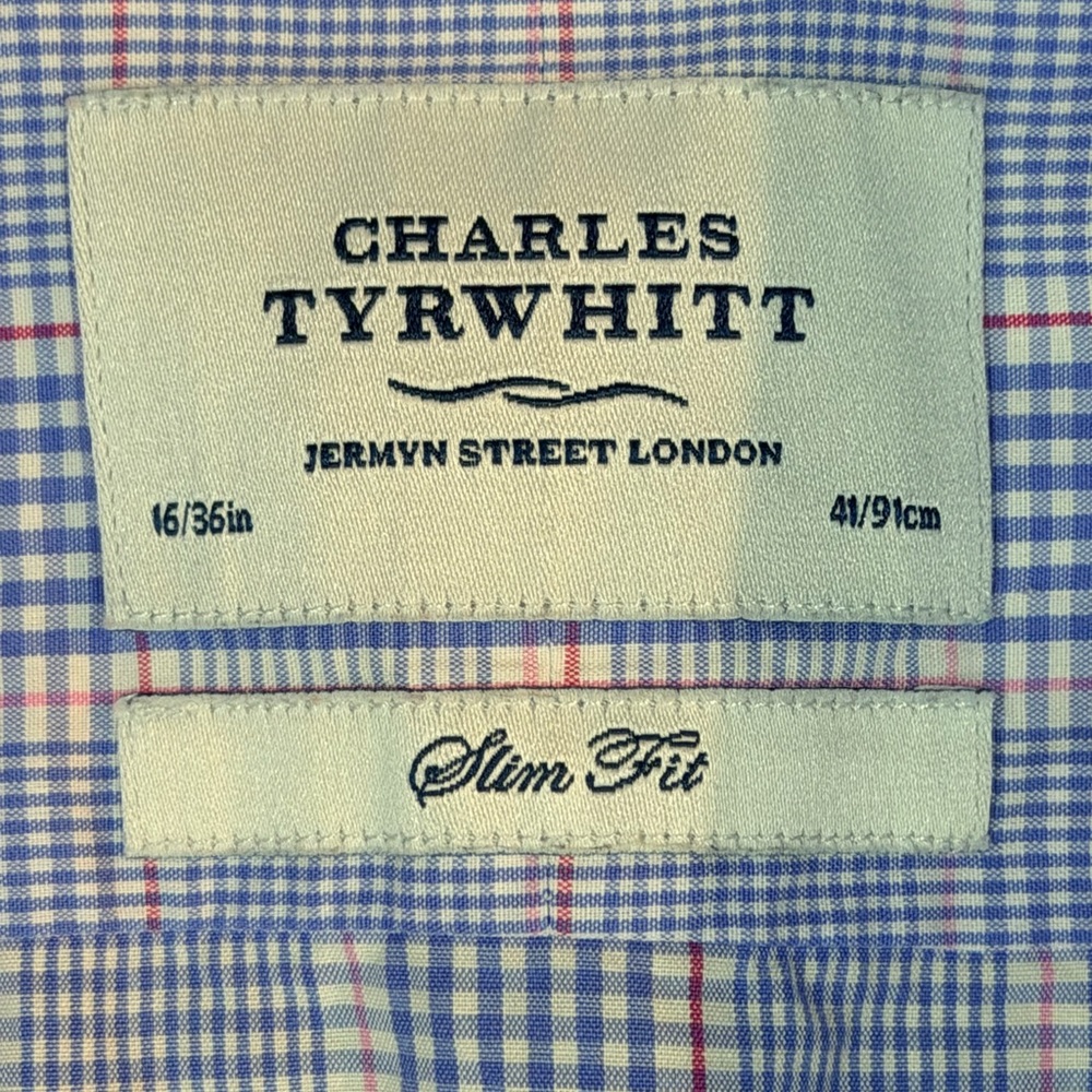 CHARLES TYRWHITT Non Iron Slim Fit Blue Plaid Dress Shirt Sz 16/36 - Picture 3 of 3